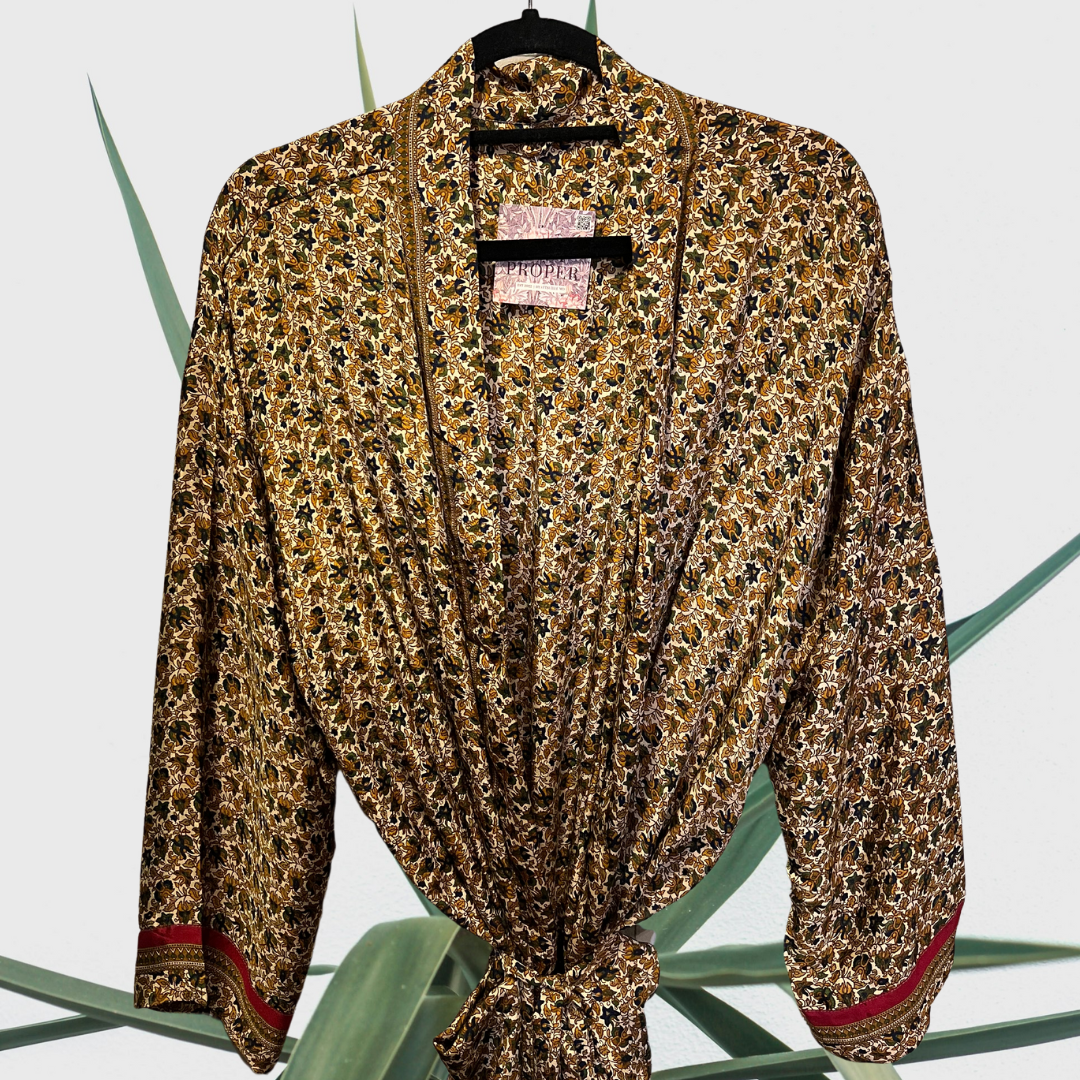 Recycled Silk Robe, Gold, Green &amp; Tan