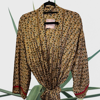 Recycled Silk Robe, Gold, Green &amp; Tan