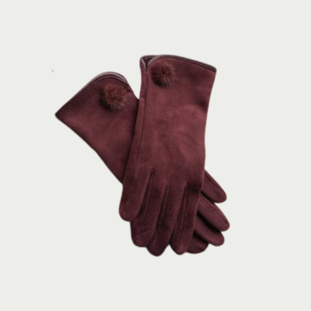 Microsuede Mini Pom Gloves, Aubergine