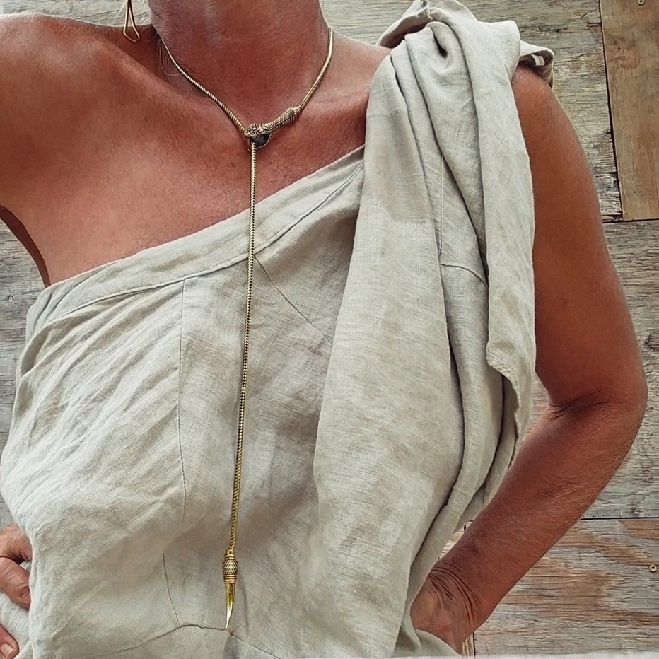 Snake Chain Serpent Lariat Long Necklace, Brass
