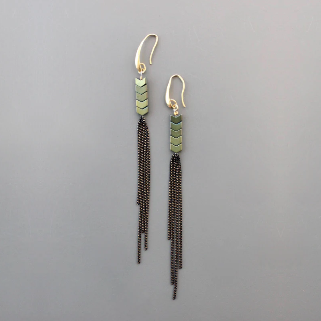 Green Hematite &amp; Chain Fringe Earrings