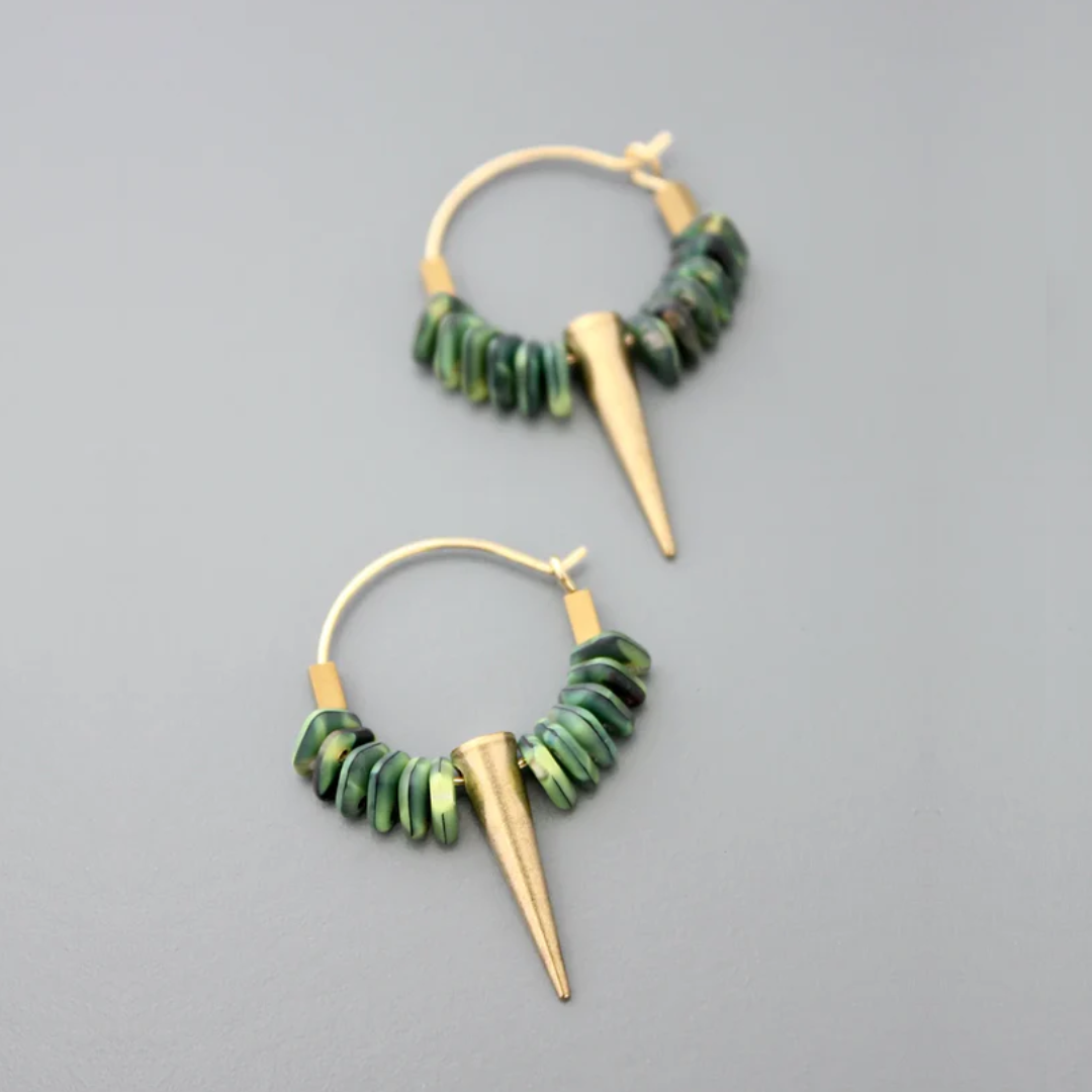 Small Green Glass &amp; Spike Hoop Earrings