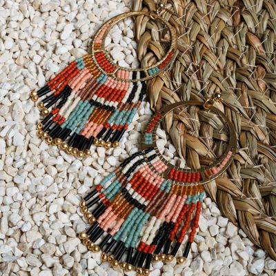 Aqua/Rust Beaded Desert Fringe Earrings