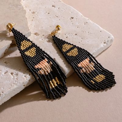 Black Beaded Boho Half Moon Earrings