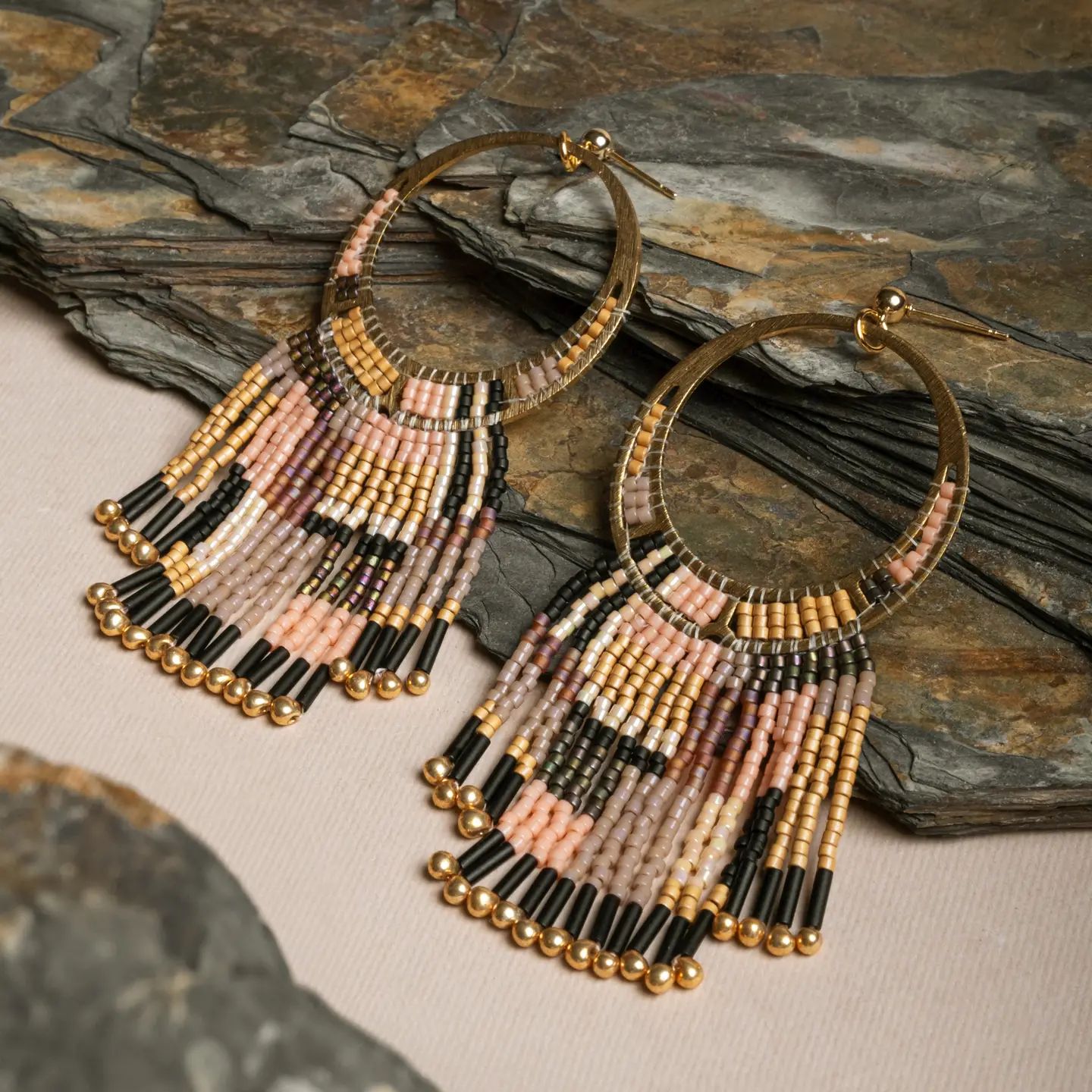 Peach/Tan Beaded Desert Fringe Earrings
