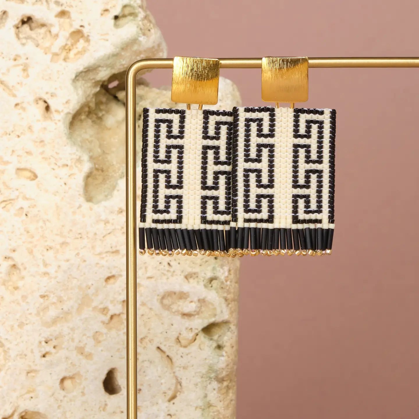 Cream/Black Beaded Guajira Square Earrings