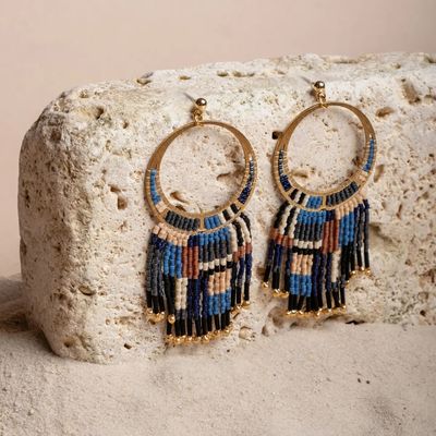 Blue Beaded Desert Fringe Earrings