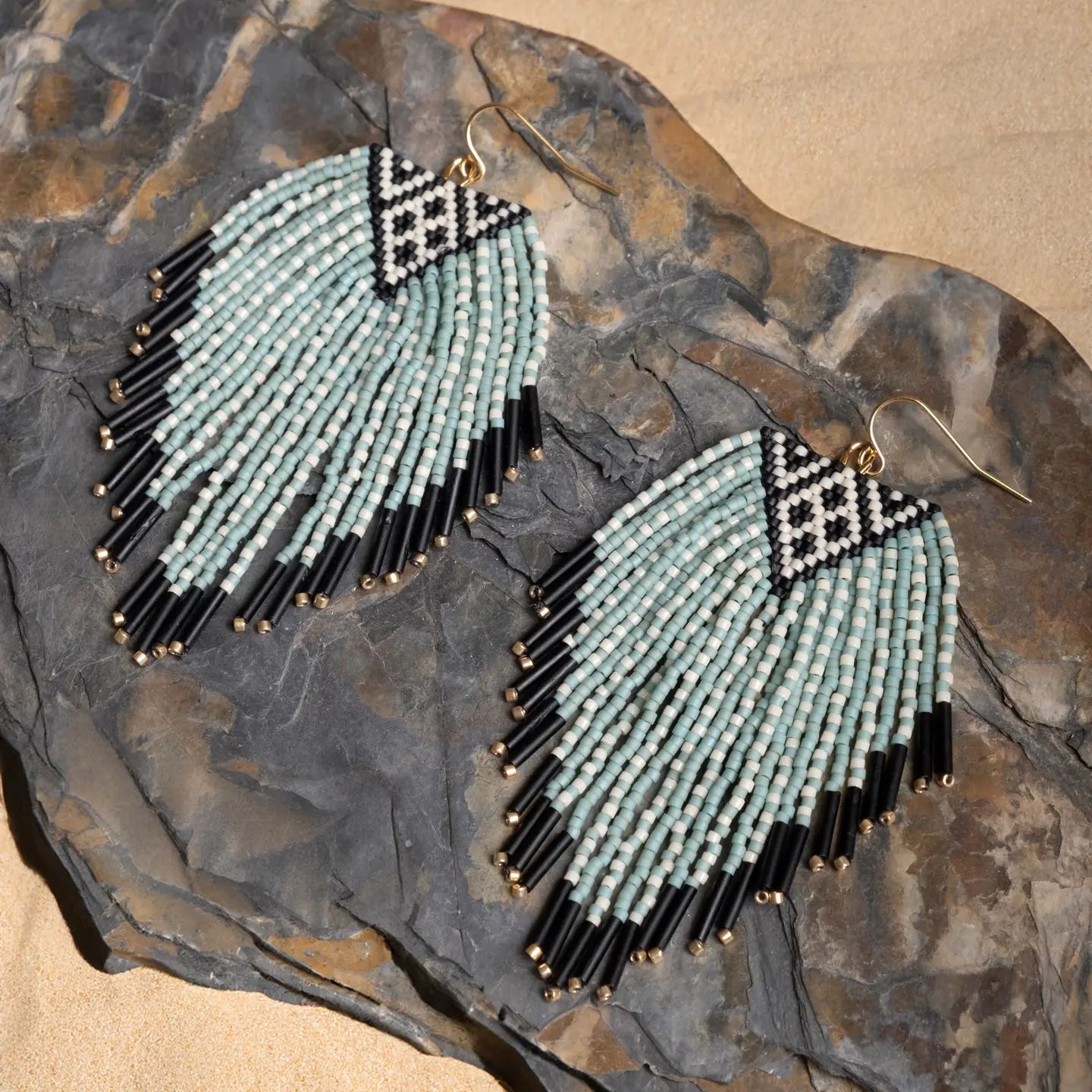 Aqua Beaded Sonoran Triangle Fringe Earrings