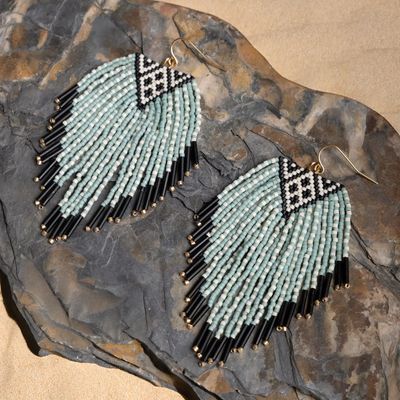 Aqua Beaded Sonoran Triangle Fringe Earrings