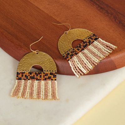 Tan/Cream Beaded Striped Fringe Earrings