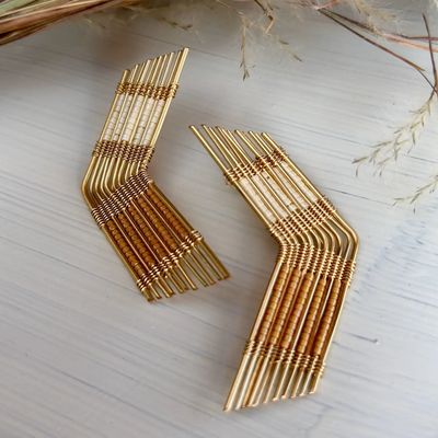 Cream/Mustard Wire and Bead Boomerang Earrings