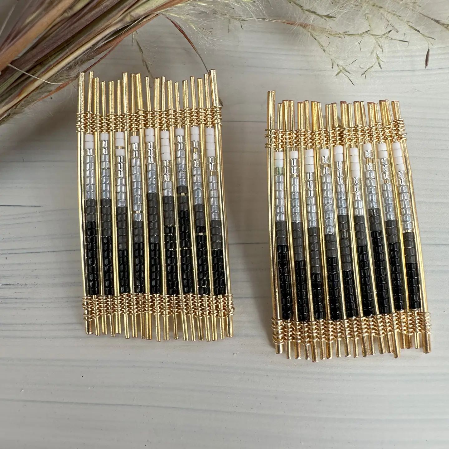 Black Wire and Bead Ombre Rectangle Earrings