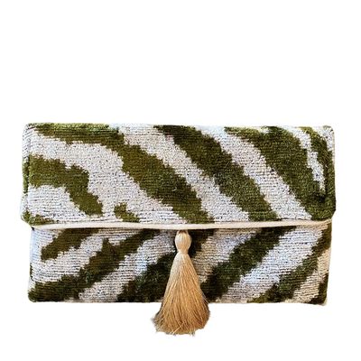 Silk Velvet Ikat Clutch, Khaki Tiger
