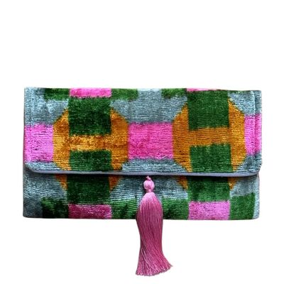 Silk Velvet Ikat Clutch,  Green Block w/ Pink Pom