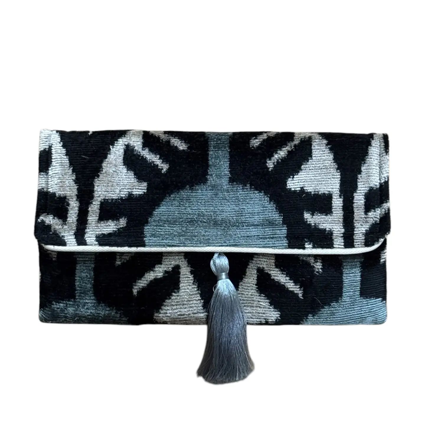 Silk Velvet Ikat Clutch, Blue on Blue