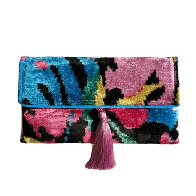Silk Velvet Clutch, Multicolor w/ Pink Pom