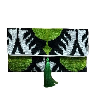 Silk Velvet Ikat Clutch, Green Pom
