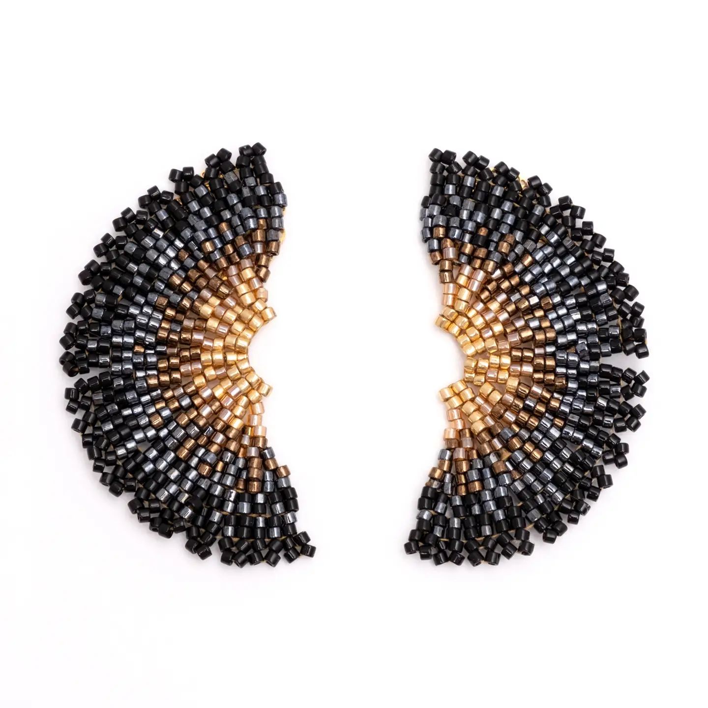 Beaded Handwoven Ginkgo Leaf Stud Earrings, Black