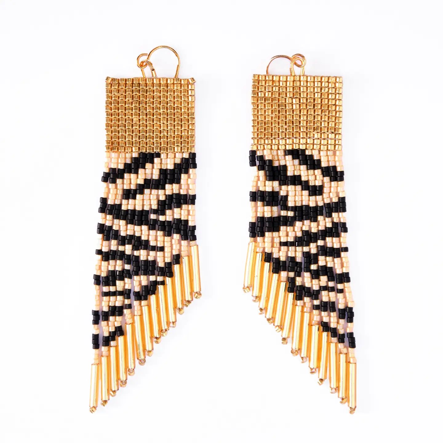 Beaded Handwoven Golden Zebra Earrings, Cream &amp; Black