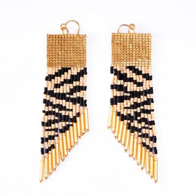 Beaded Handwoven Golden Zebra Earrings, Cream &amp; Black