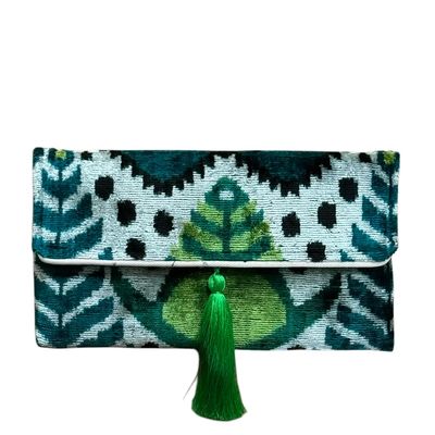 Silk Velvet Ikat Clutch, Multi-green w/ Green Pom