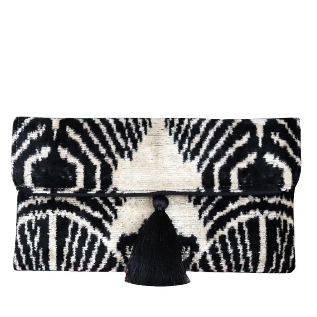 Silk Velvet Ikat Clutch, Black &amp; White w/ Black Pom