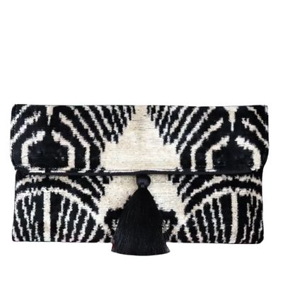 Silk Velvet Ikat Clutch, Black &amp; White w/ Black Pom