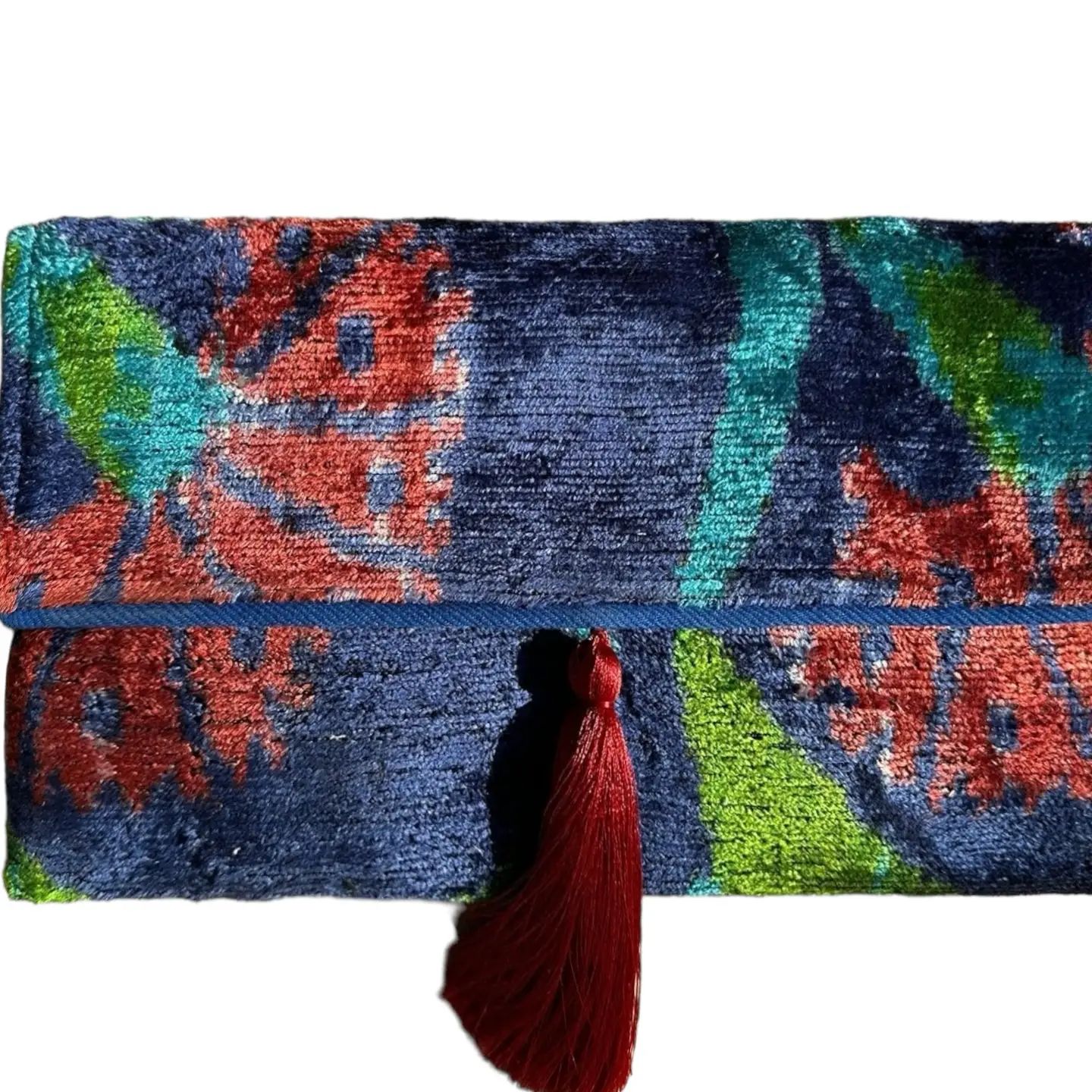 Silk Velvet Ikat Clutch, Multicolor w/ Red Pom