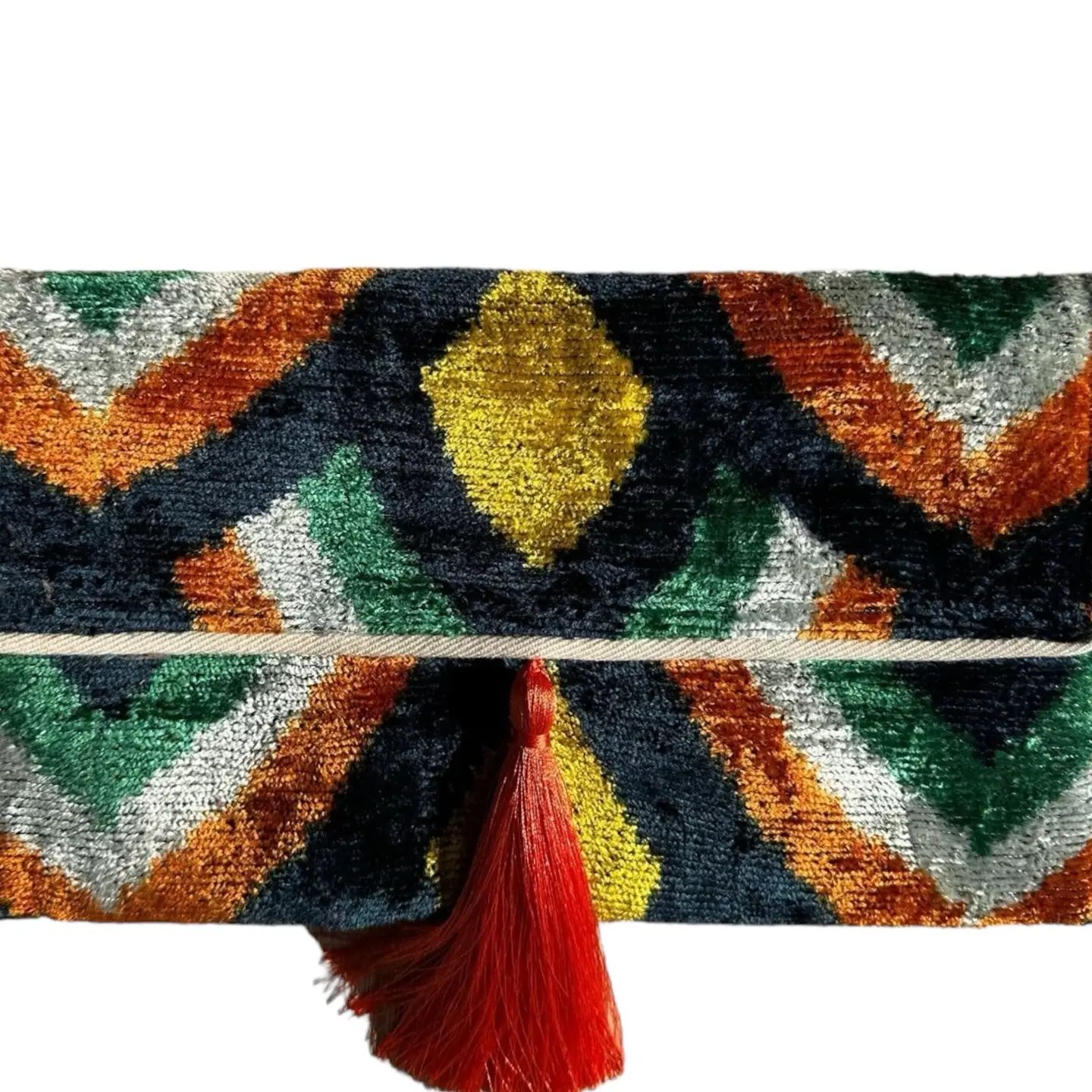 Silk Velvet Ikat Clutch, Multicolor w/ Orange Pom