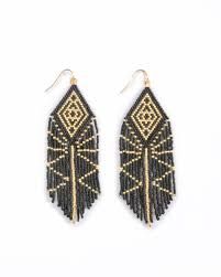 Beaded Handwoven Tribal Diamond Fringe Earrings, Black &amp; Gold