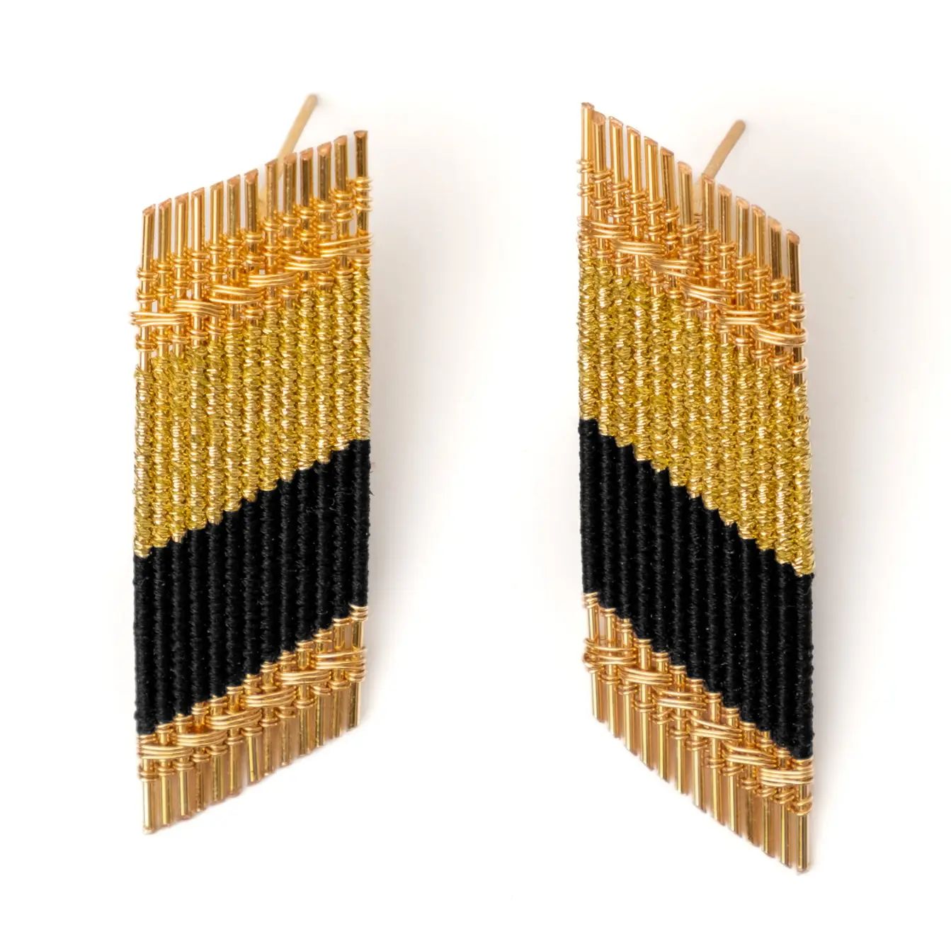 Handwoven Wire Angled Rectangle Earrings, Gold &amp; Black