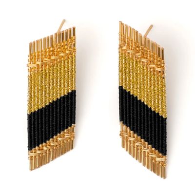 Handwoven Wire Angled Rectangle Earrings, Gold &amp; Black