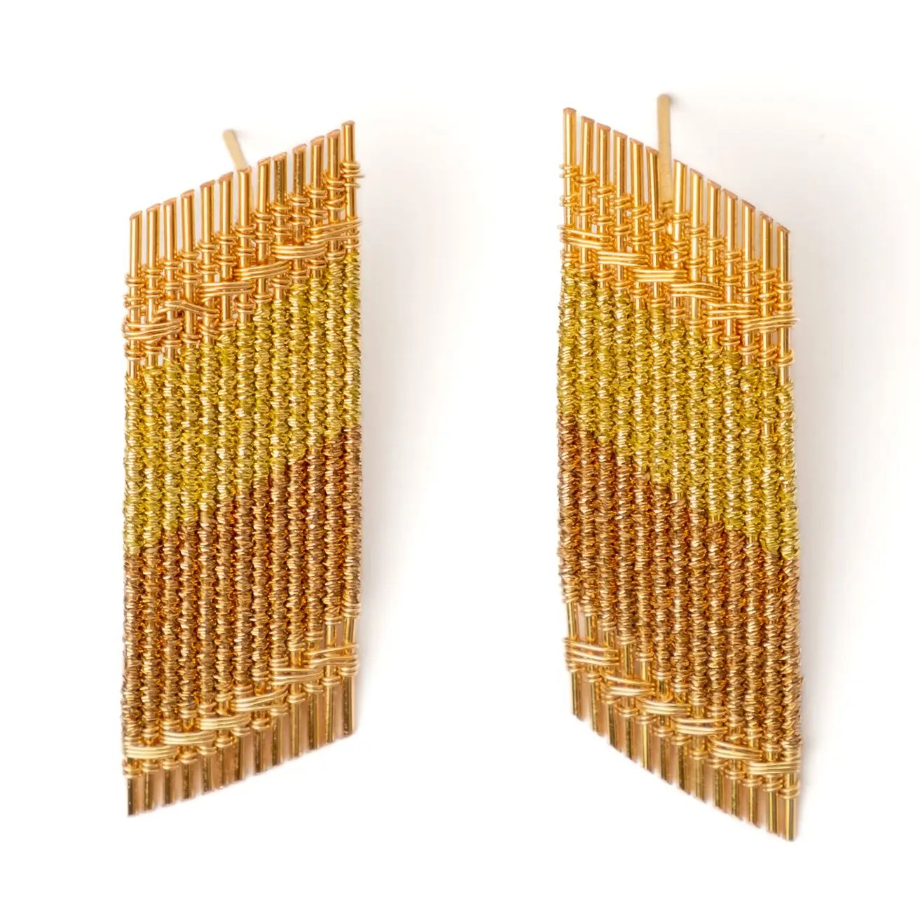 Handwoven Wire Angled Rectangle Earrings, Rose Gold &amp; Gold