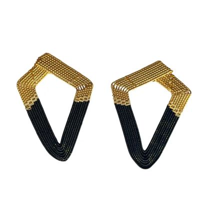 Handwoven Wire and Cord Triangle Earrings, Black