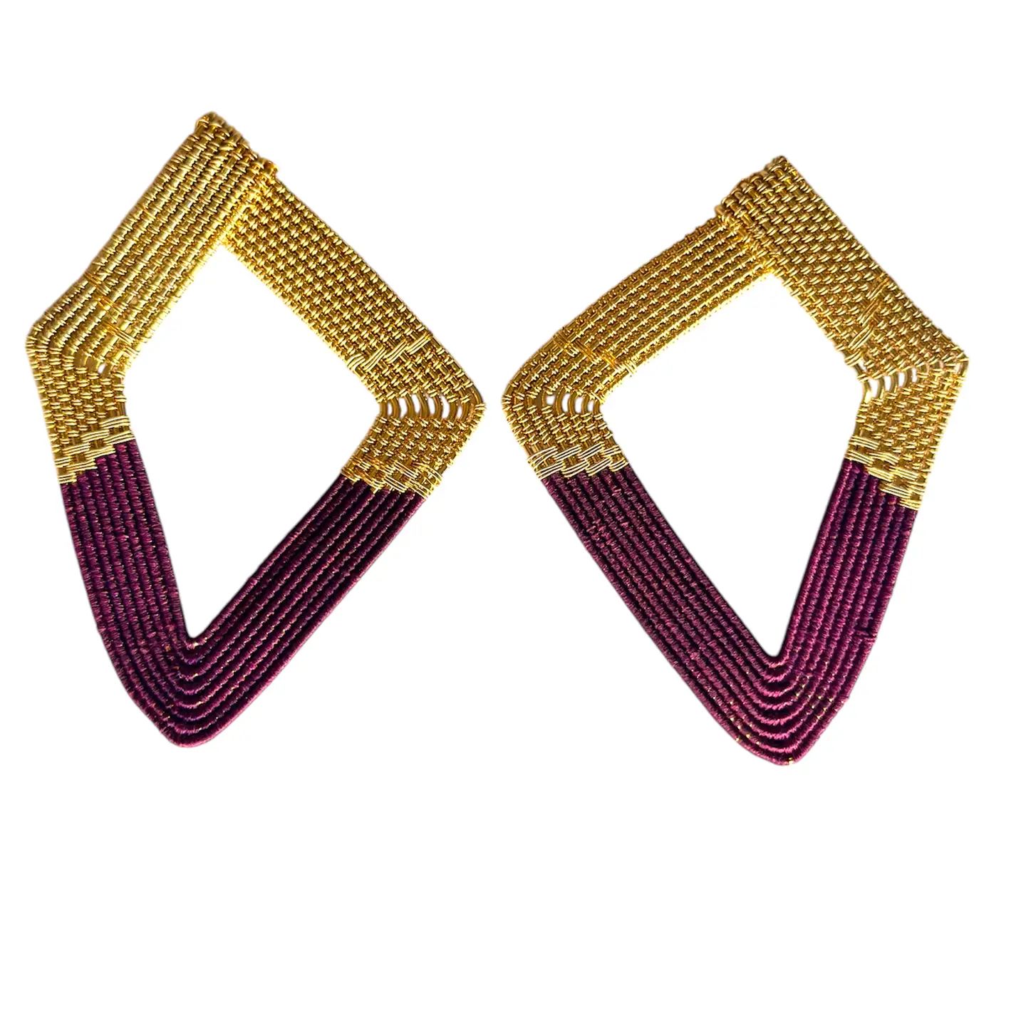 Handwoven Wire and Cord Triangle Earrings, Plum