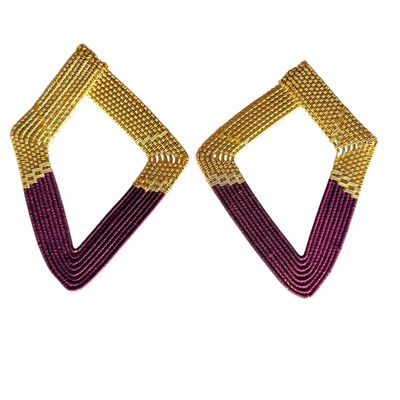 Handwoven Wire and Cord Triangle Earrings, Plum