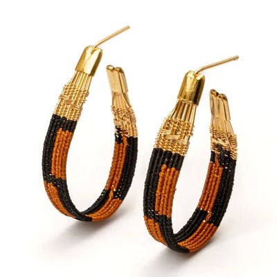 Handwoven Wire and Cord Zoka Hoop Earrings, Brown &amp; Black