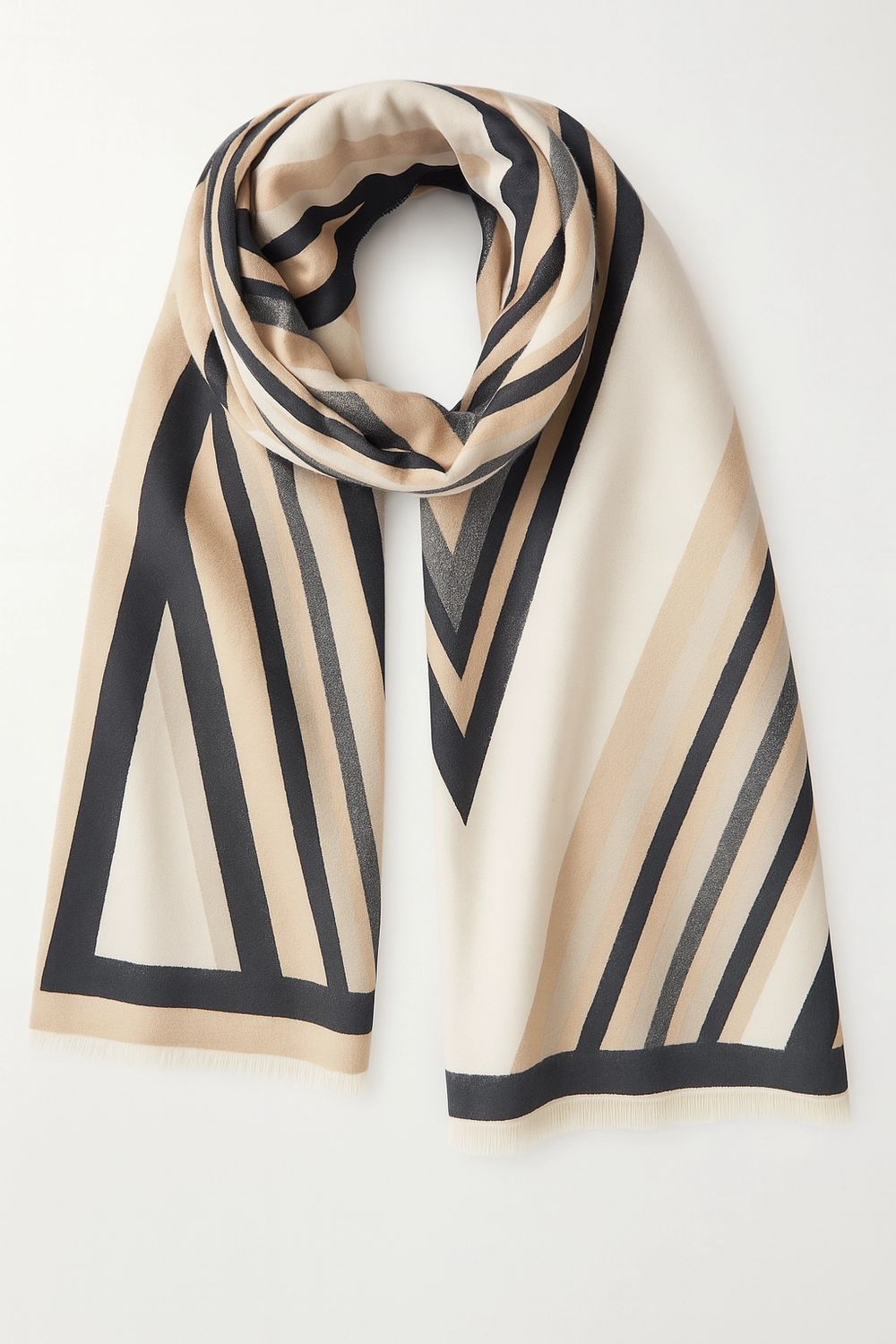 Beige Geometric Striped Cashmere Large Wrap Scarf