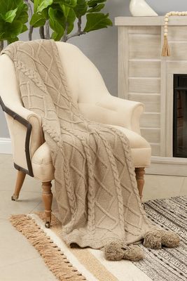 Luxe Faux Fur Cable Knit Pom Pom Throw Blanket, Taupe