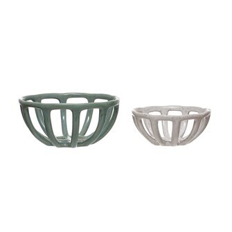 Stoneware Basket Bowls, Set Of White & Green