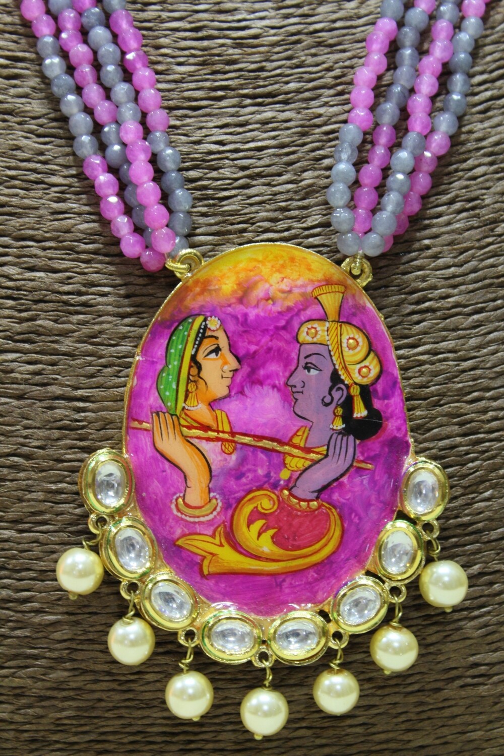 Tanjore Hand-painted Radha Krishna pendant Necklace