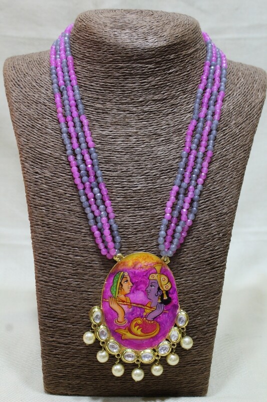 Tanjore Hand-painted Radha Krishna pendant Necklace