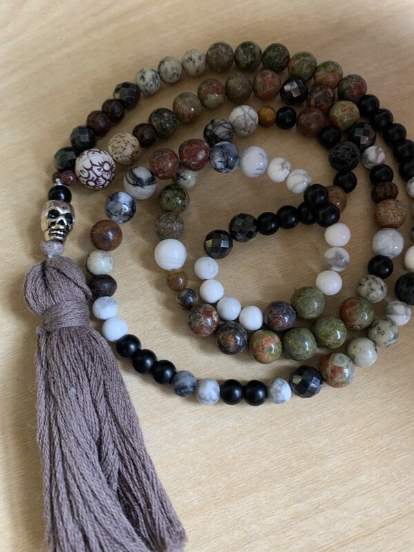 MALA NECKLACE - Brown &amp; Green with Brown Tassel