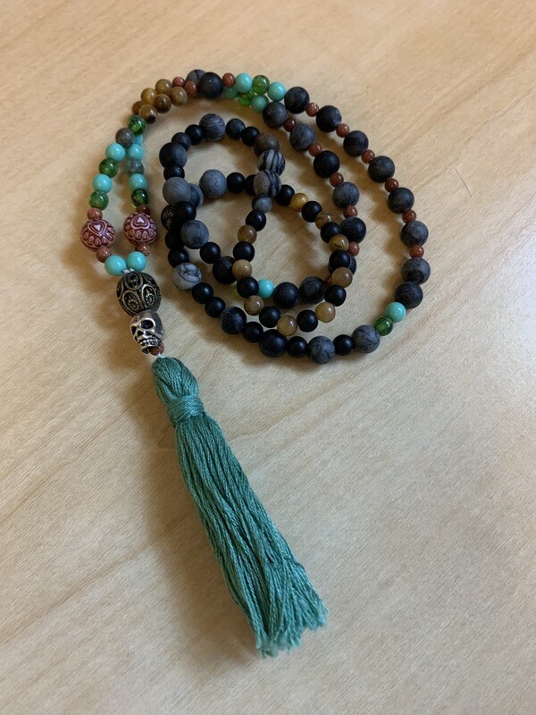 MALA NECKLACE - Green/Brown with Green Tassel