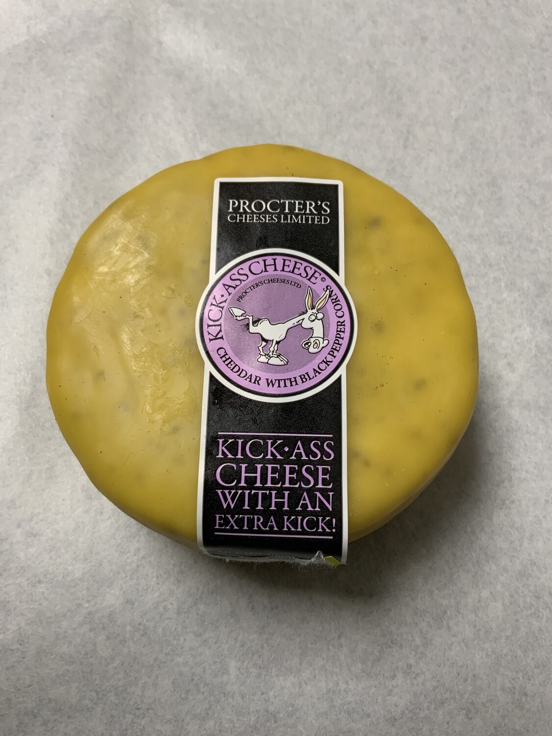 Kick-Ass Extra Mature Cheddar Cheese with Cracked Black Pepper. 200g Truckle