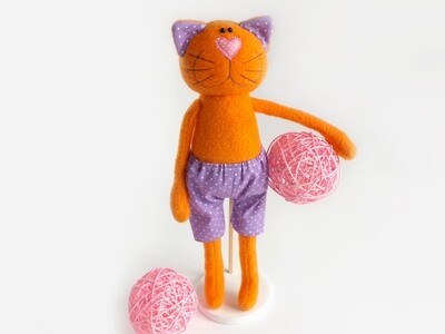 Stuffed Cat Doll in Pants. Sewing Pattern PDF