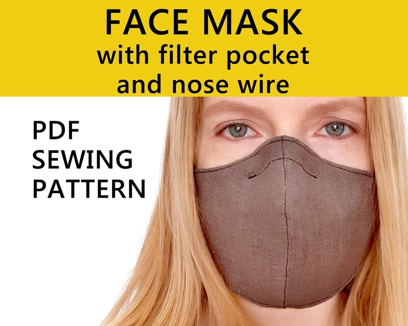 Face Mask with Fiter Pocket and Nose Wire Sewing Pattern PDF &amp; Tutorial - Washable Reusable Easy