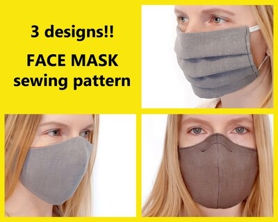 Set of 3 Face Mask Sewing Pattern PDF &amp; Tutorial - Washable Reusable Easy Face Mask for Adult