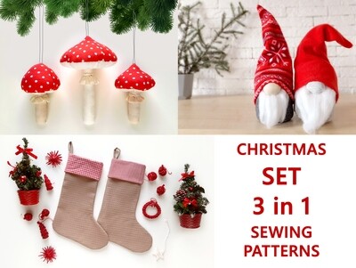 Christmas Sewing Patterns Bundle 3 in 1 - Gnome, Christmas Stoking, Mushroom Ornaments