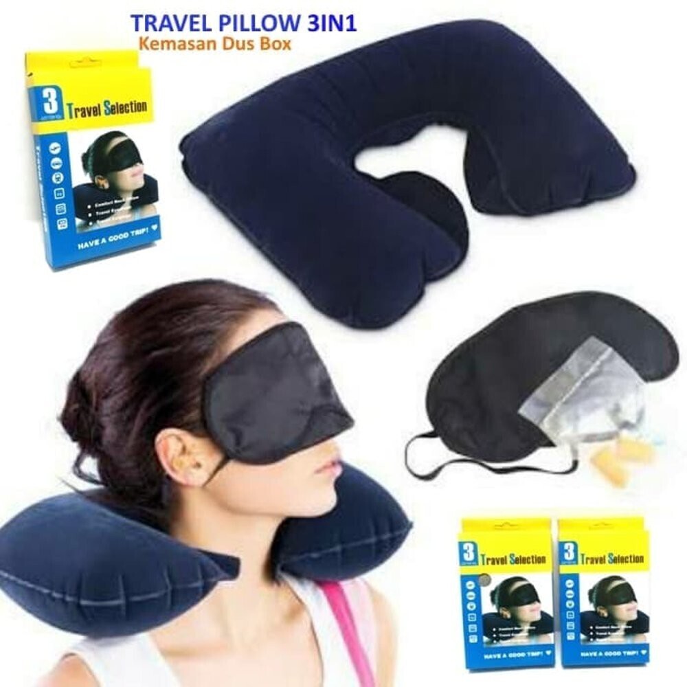 3 in 1 Travel Set Neck Pillow and Eye Mask and Ear Plug - Black